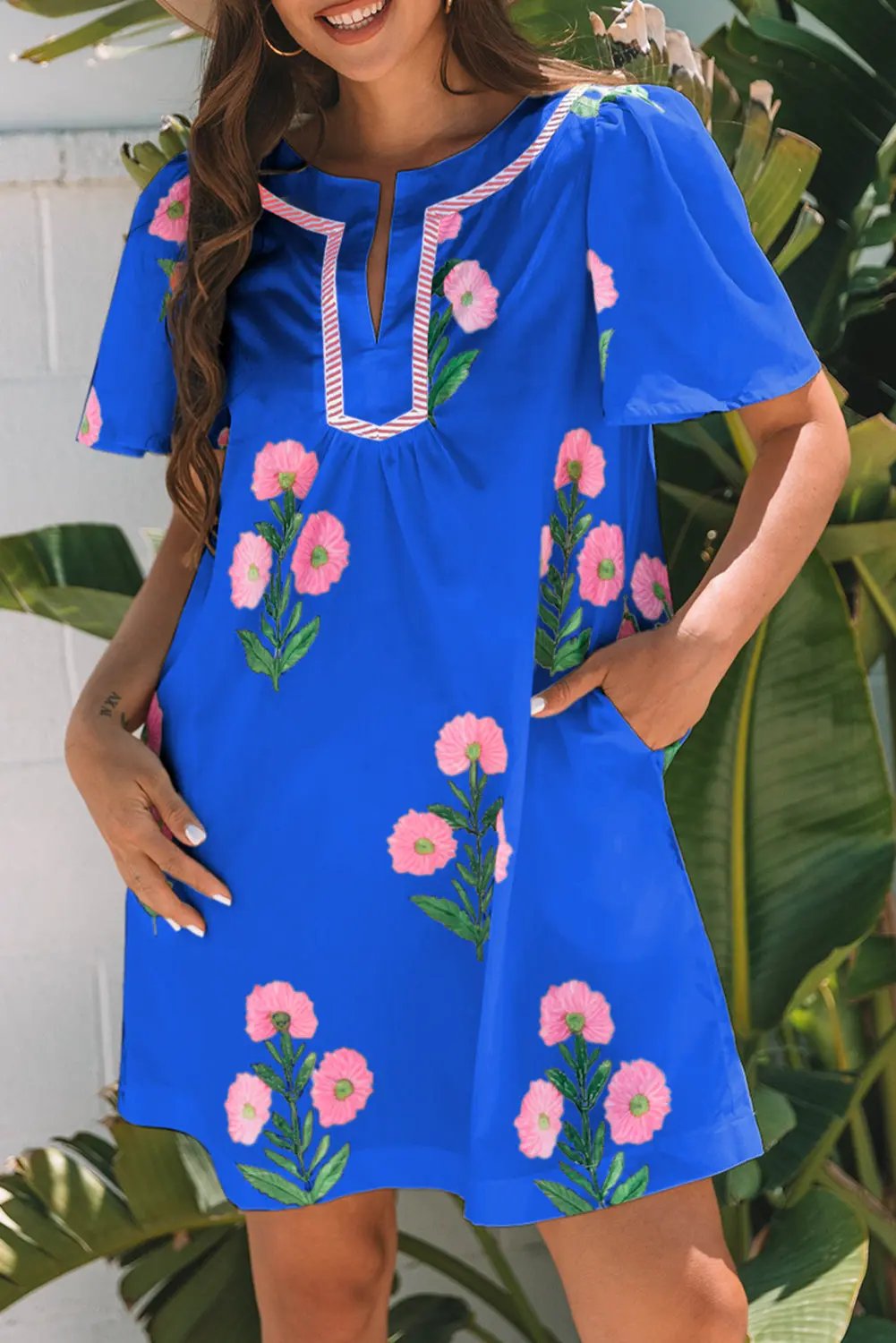Blue Floral Short Sleeve Split Neck Loose Mini Dress Love Salve
